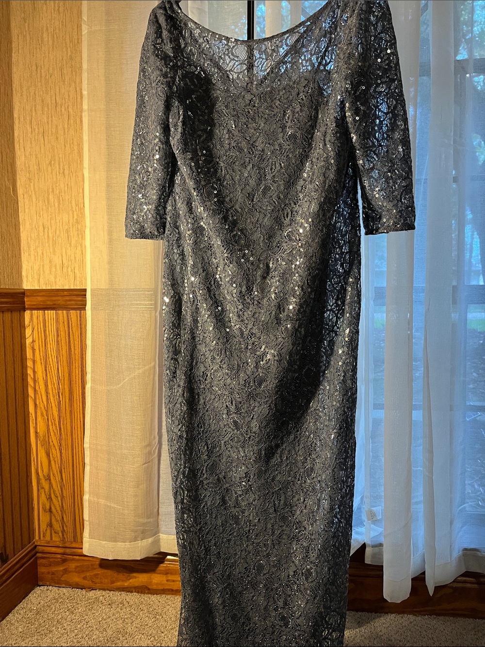 Alex Evenings Silver-Blue Lace Evening Gown